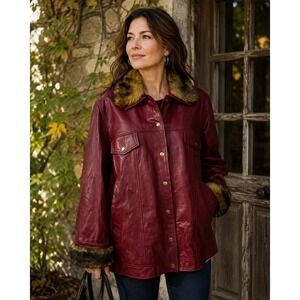 Terry Lewis Red Leather Jacket Removable Faux Fur Trim Lining Women's 1X